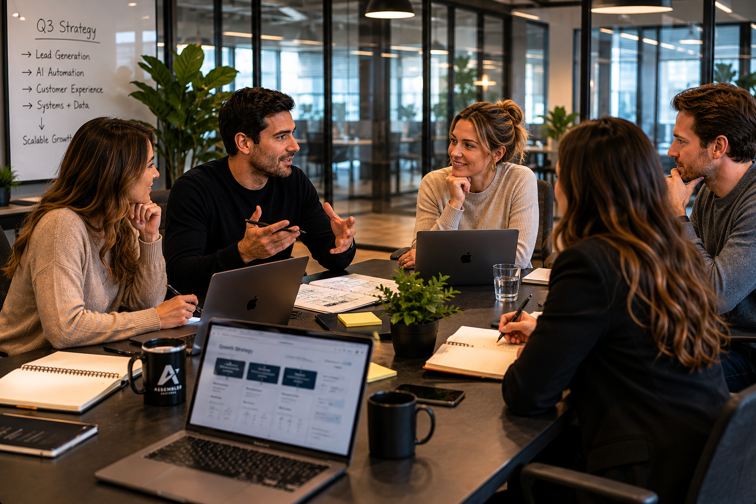 Assembled Systems team meeting around a conference table discussing Q3 strategy with whiteboard showing Lead Generation, AI Automation, Customer Experience, Systems + Data, and Scalable Growth